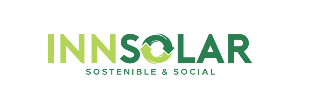 Logo INNSOLAR - Sostenible y social . En colores verde claro y verde oscuro con un simbolo de energías renovables.