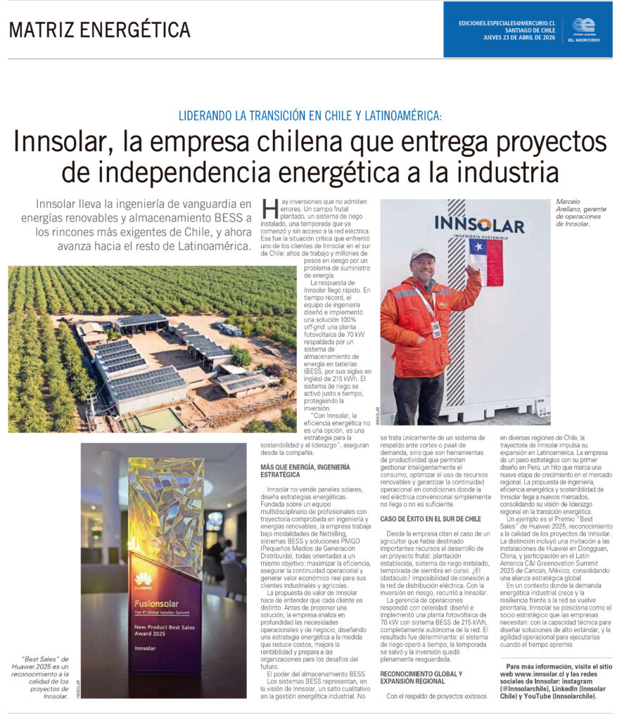Página de la edición especial Matriz Energética de El Mercurio con un reportaje sobre INNSOLAR y su liderazgo en proyectos de energía solar y almacenamiento BESS para la industria.